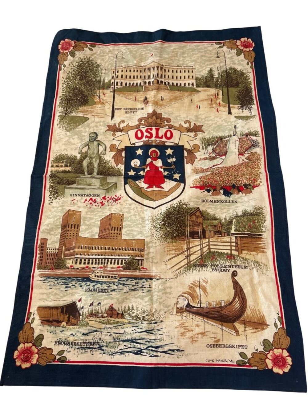 Vintage Oslo Souvenir Tea Towel Featuring Iconic Landmarks & Illustrations By Cl